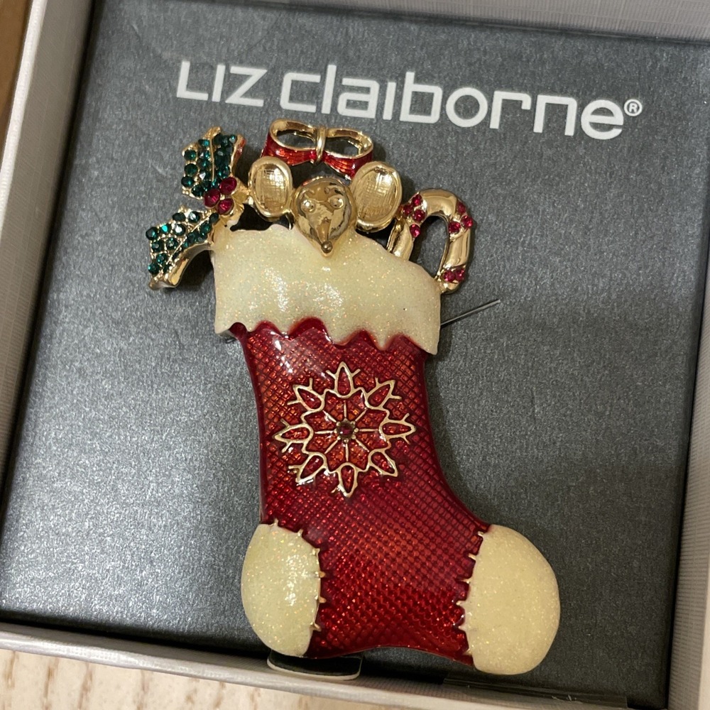 Liz‎ Claiborne Brooch Stocking Mistletoe Mouse Candy Cane